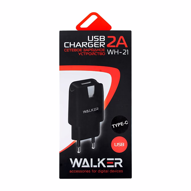 СЗУ WALKER 2 в1 WH-21, USB (2А) + кабель Lightning, Черный