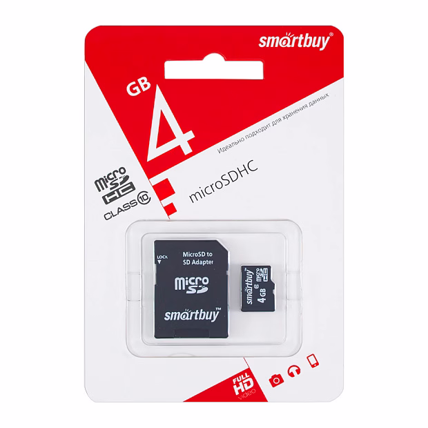 Карта памяти micro SDHC Smart Buy 4GB class 4 (с адаптером SD)