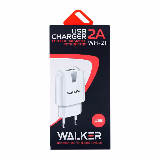 СЗУ WALKER 2 в1 WH-21, USB (2А) + кабель Lightning, Белый