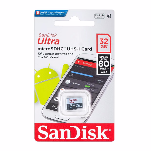 Карта памяти micro SDHC SanDisk 32GB Class10 UHS-I Ultra Android 80MB/s с адаптером
