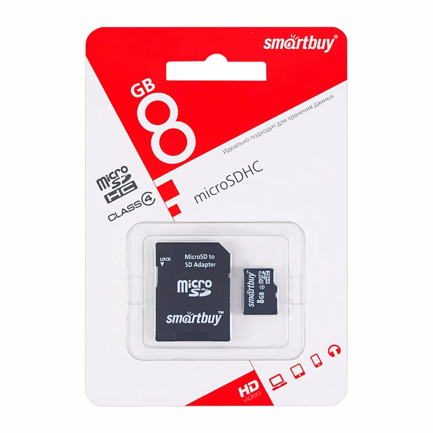 Карта памяти micro SDHC Smart Buy 8GB Class 4 (с адаптером SD)